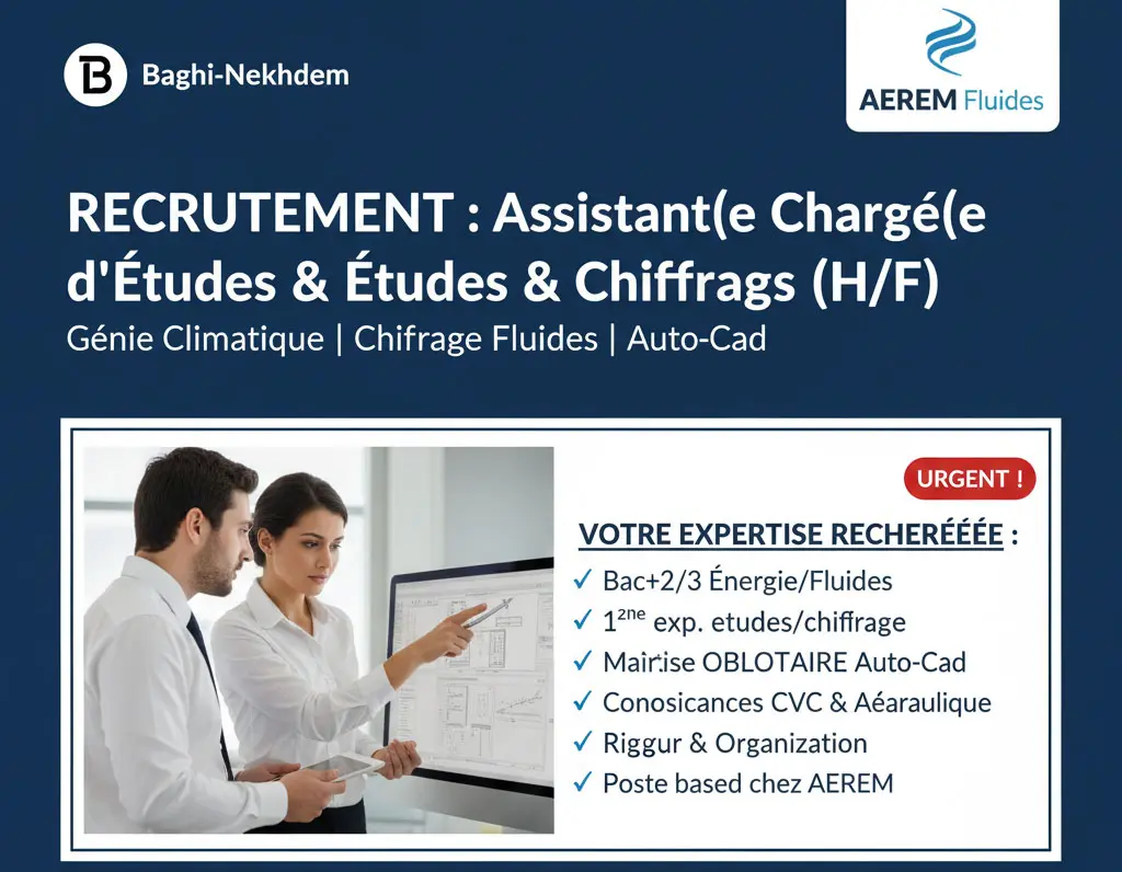 Recrutement Assistant Chargé Études Chiffrage Fluides AEREM AutoCAD CVC Aéraulique