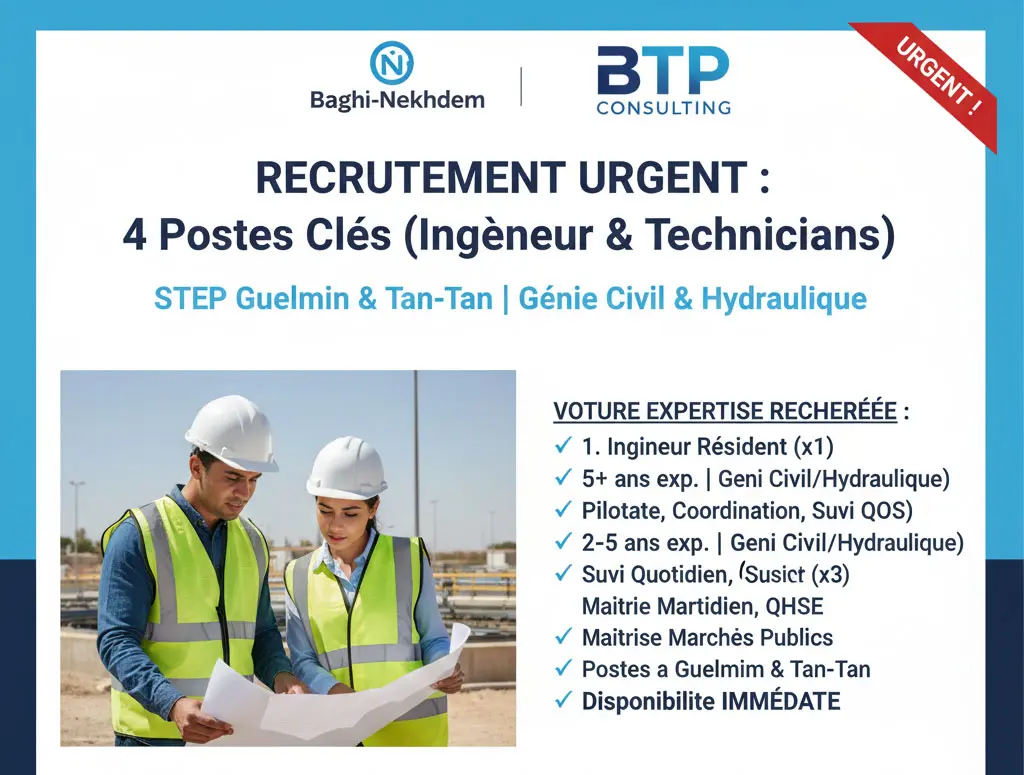 Ingénieur et Technicien BTP sur un chantier de construction d'une Station d'Épuration des Eaux Usées (STEP) à Guelmim ou Tan-Tan, portant un casque de sécurité et consultant des plans de génie civil et d'hydraulique. L'image illustre le suivi urgent du projet REUS.
