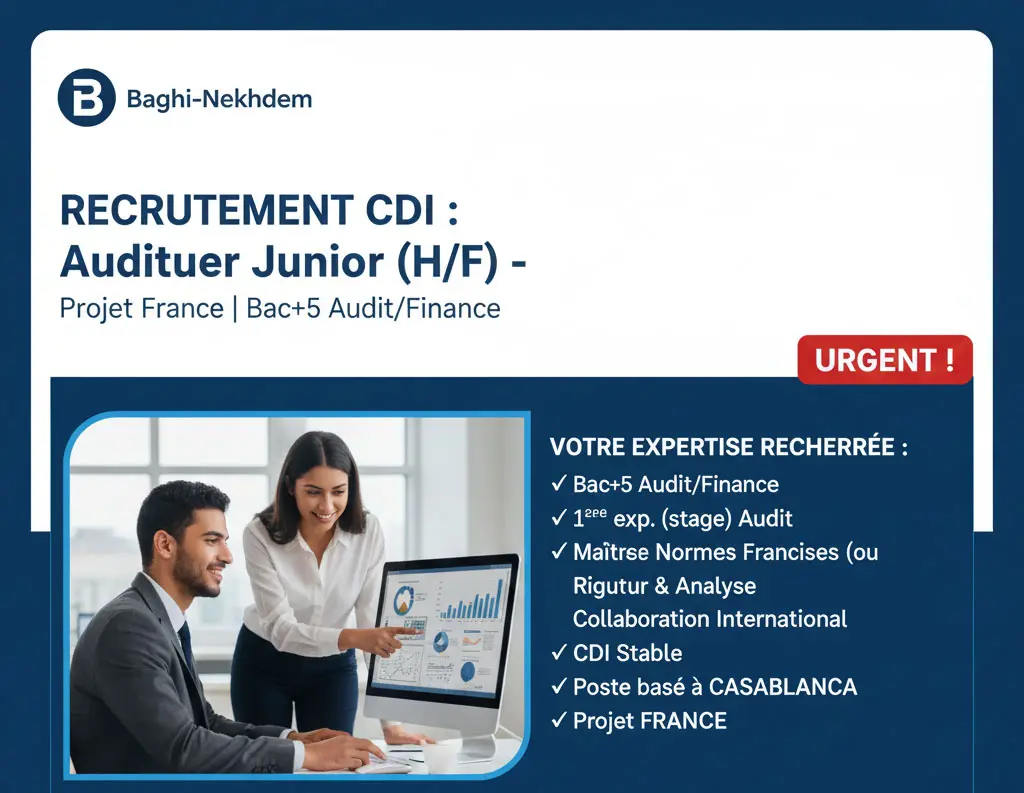 Auditeur Junior CDI (H/F) à Casablanca : Missions d'Audit pour clients en France (Bac+5 Finance/ENCG
