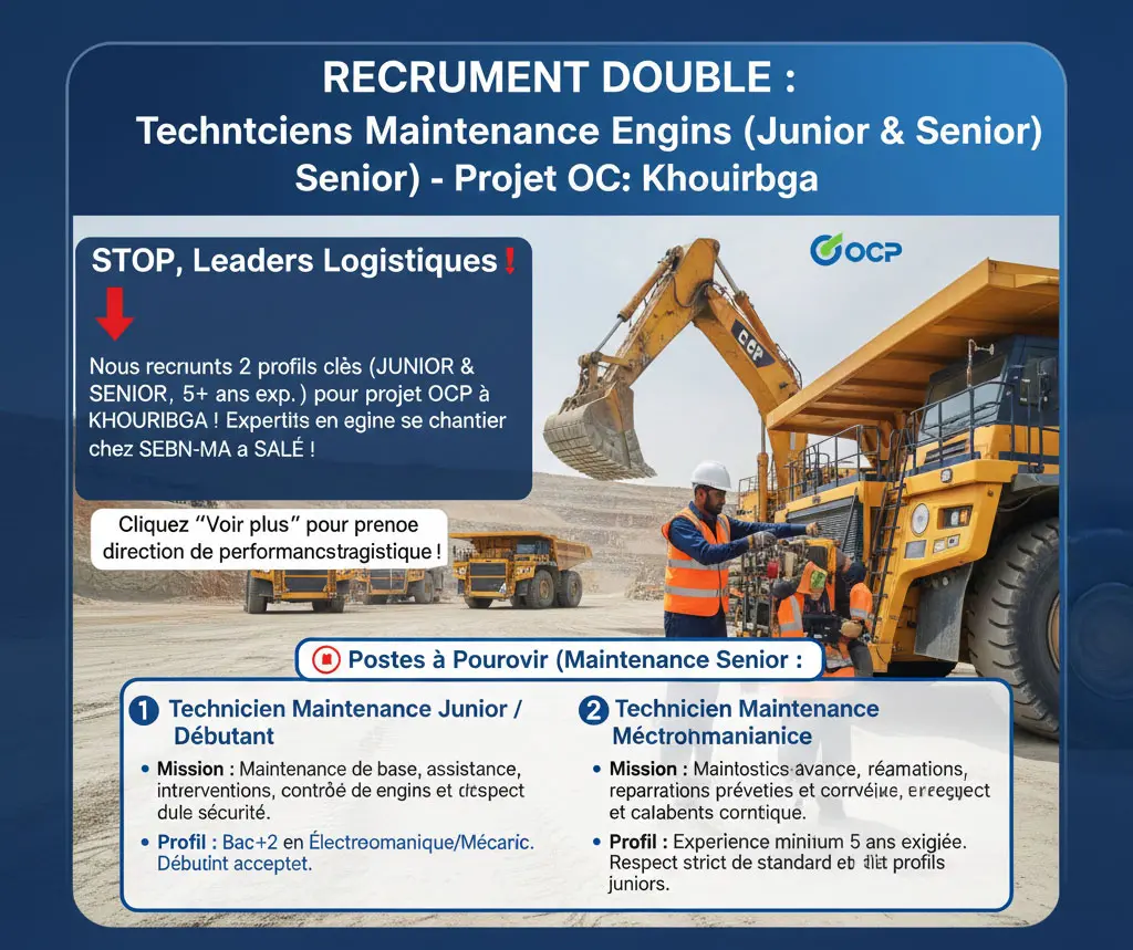 Techniciens Maintenance Engins (Junior & Senior) – Khouribga, Projet OCP (Méca/Électroméca)