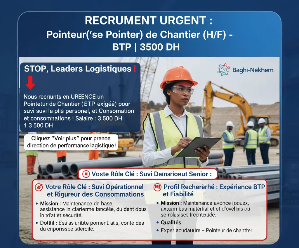 Pointeur(se) de Chantier Urgent (H/F) - BTP/Travaux Routiers : Suivi Personnel & Matériaux (3500 DH)