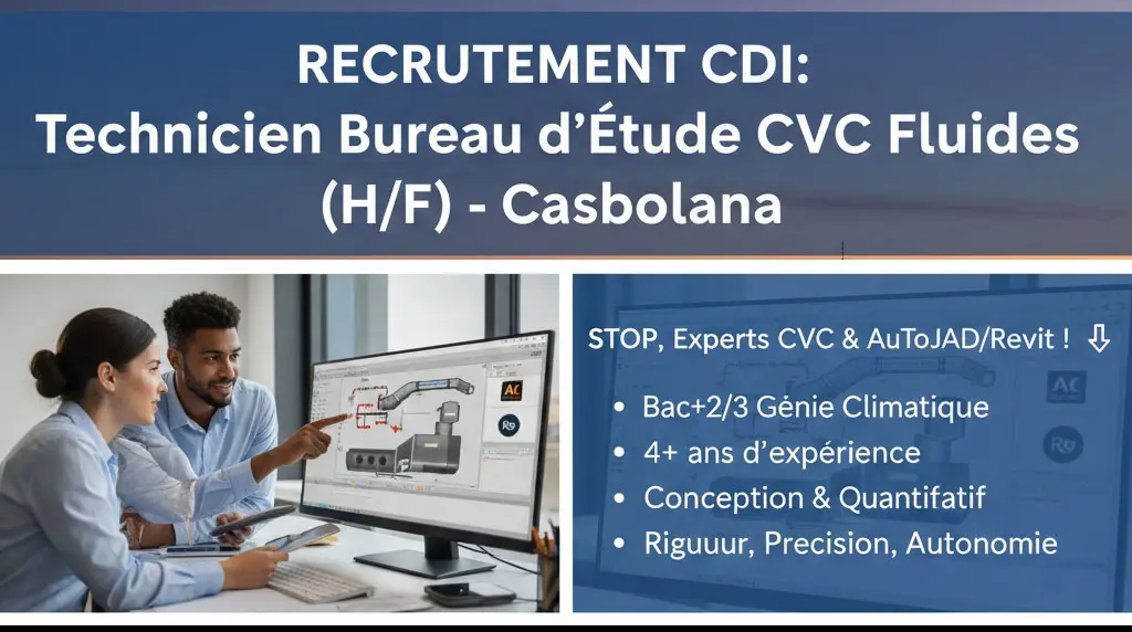 Technicien Bureau d'Étude CVC Fluides CDI à Casablanca (4+ ans exp.) : Maîtrise AutoCAD & Revit