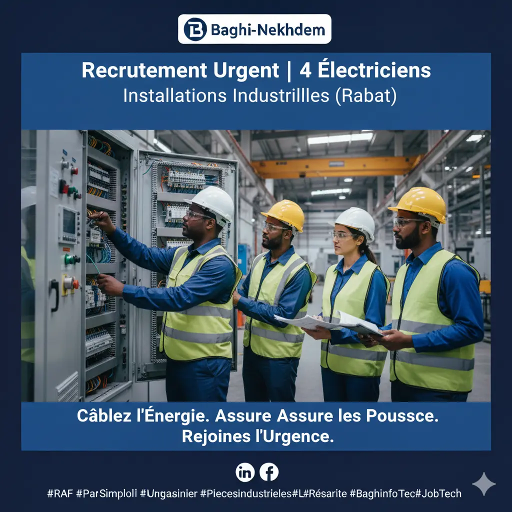 Recrutement urgent 4 Électriciens Rabat installations électriques chantiers industriels montage