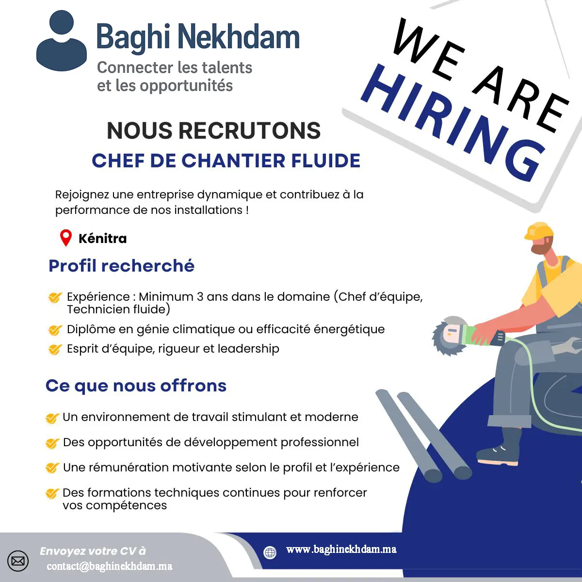 Recrutement urgent Chef de Chantier Fluide CVC Plomberie leadership supervision chantier