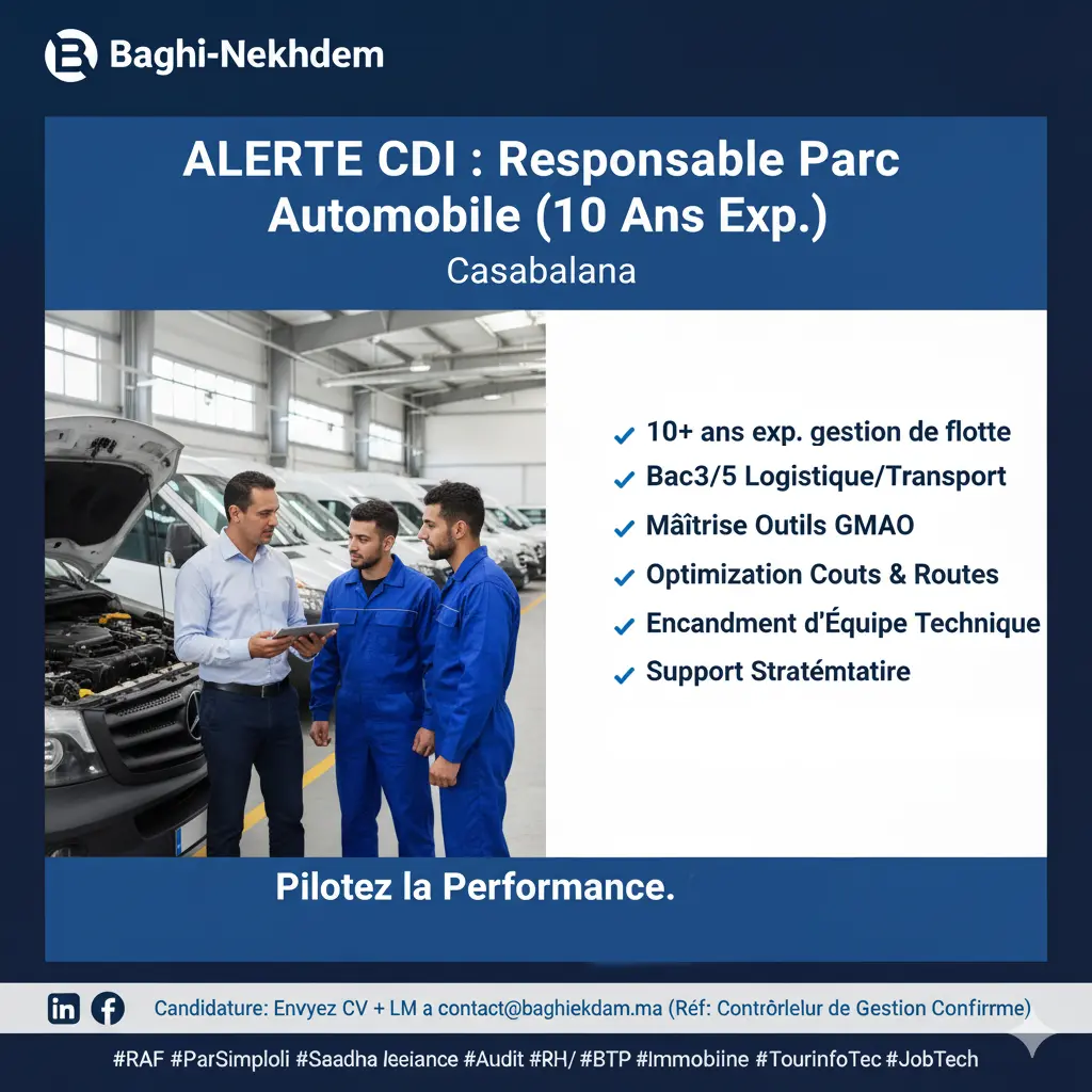 Recrutement Responsable Parc Automobile CDI Casablanca 10 ans expérience gestion de flotte budget optimisation