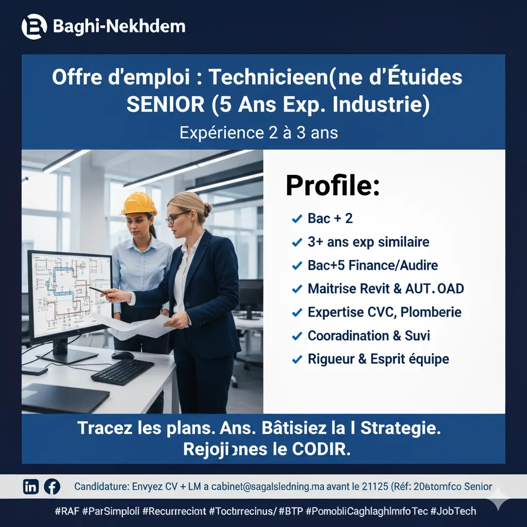 Recrutement Technicien Études Fluides CVC Plomberie Assainissement Revit AutoCAD conception