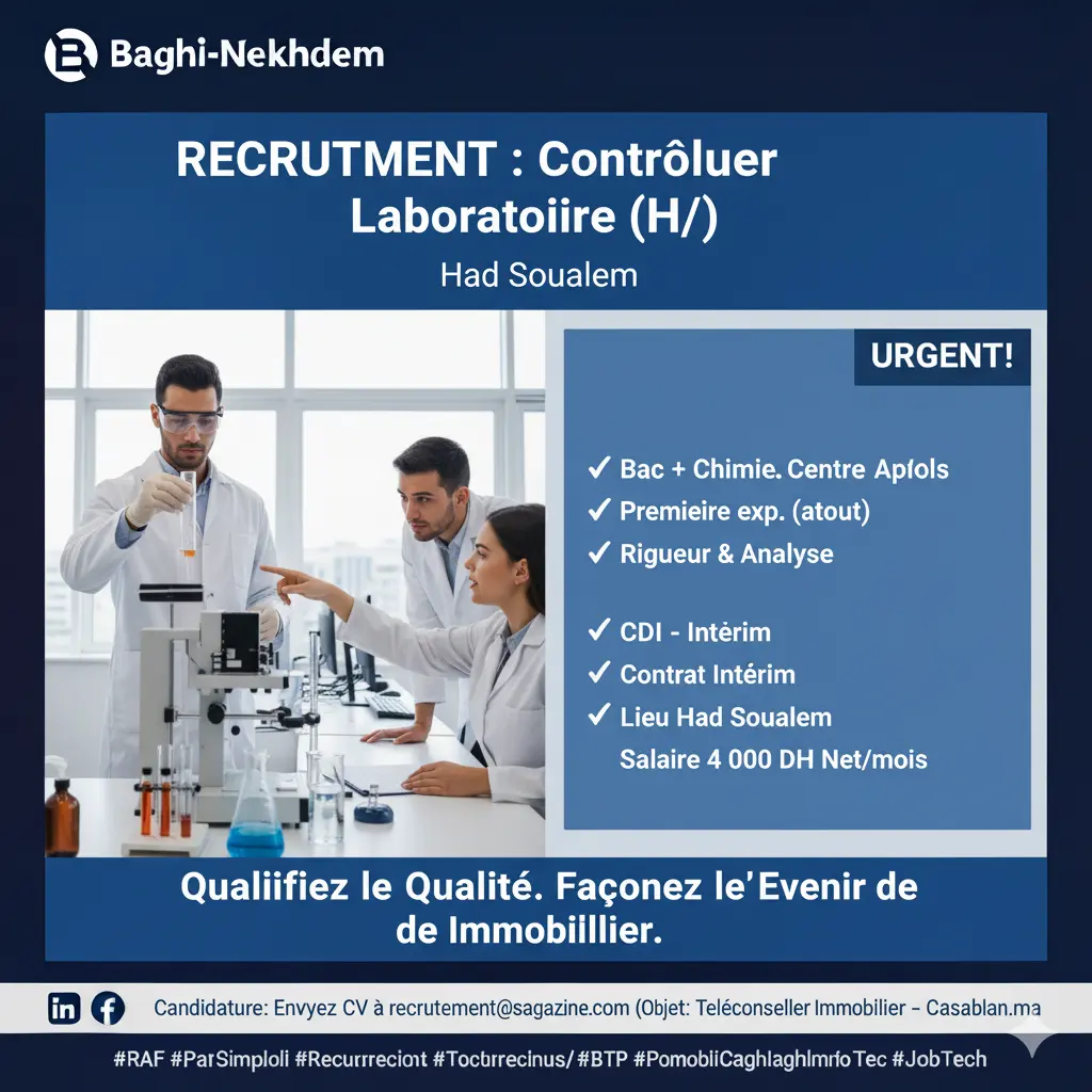 Recrutement Contrôleur Laboratoire Intérim Had Soualem Chimie Contrôle Qualité 4000 DH