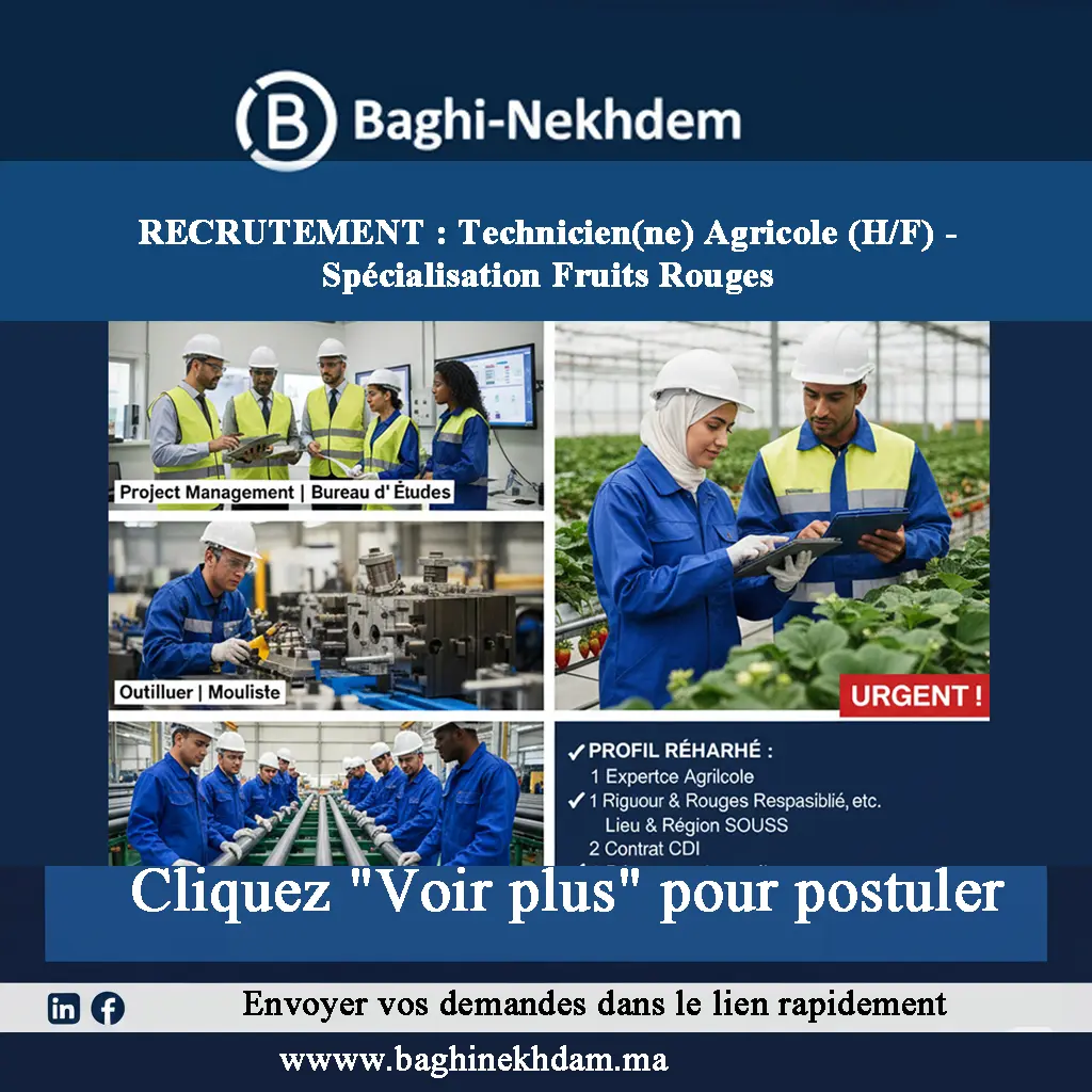Recrutement Technicien Agricole Souss Fruits Rouges Agro-Industrie production cultures