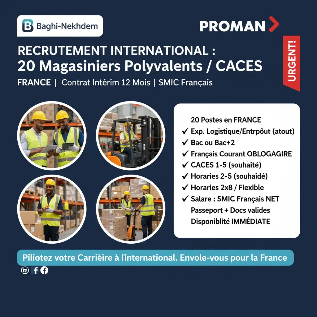 Recrutement International Magasinier Polyvalent CACES France 12 mois Intérim SMIC Français Logistique