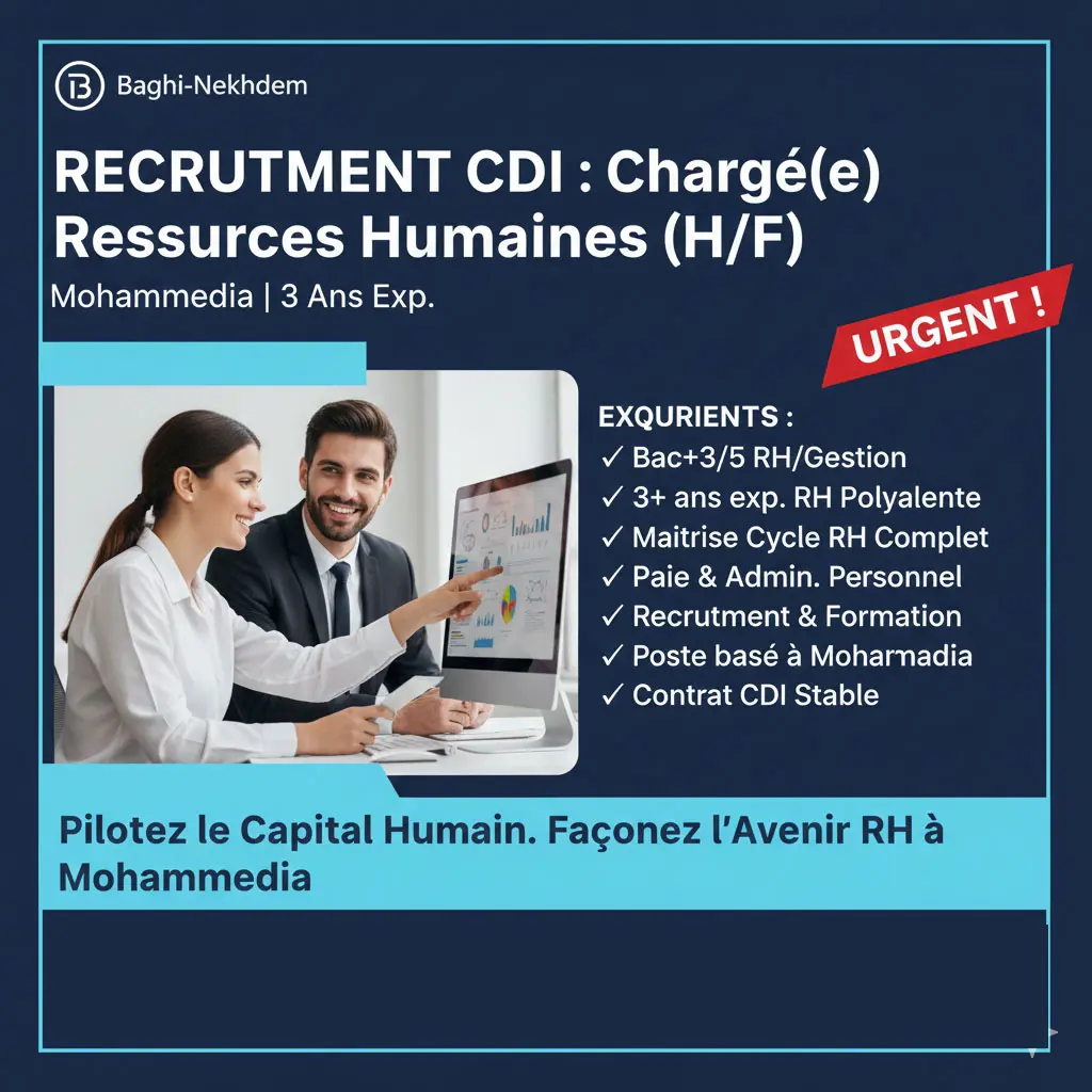 Chargé(e) RH Polyvalent(e) (H/F) en CDI à Mohammedia : Recrutement, Paie, Admin. (3+ ans Exp.)
