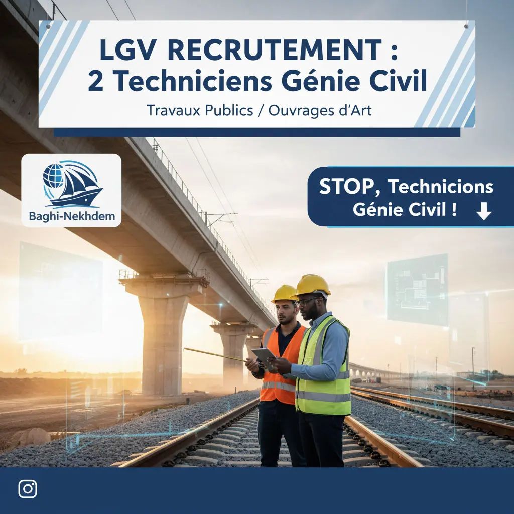 2 Techniciens Génie Civil (H/F) - Projet LGV Settat : Travaux Publics & Ouvrages d'Art (Ponts)