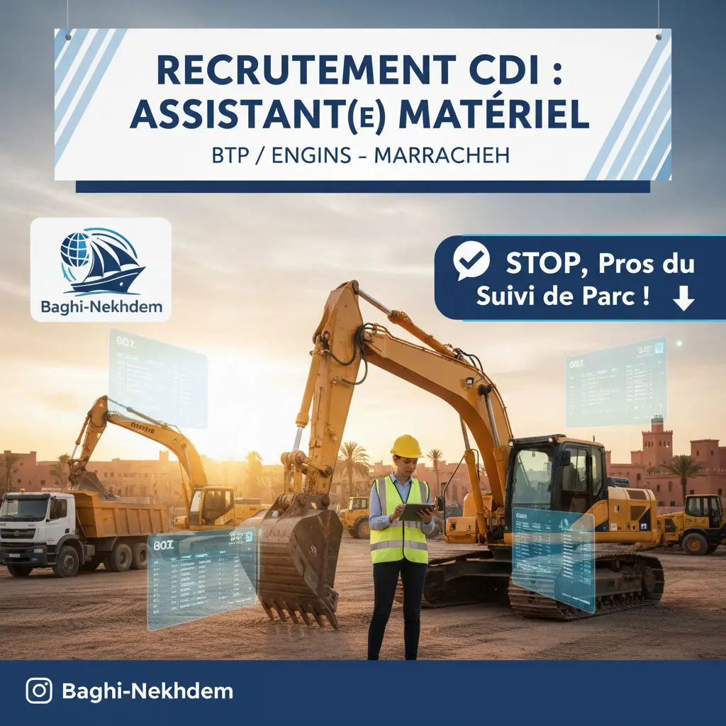 Assistant(e) Matériel CDI (H/F) BTP à Marrakech : Suivi Parc Engins, Maintenance & Achats (Bac+2/3)
